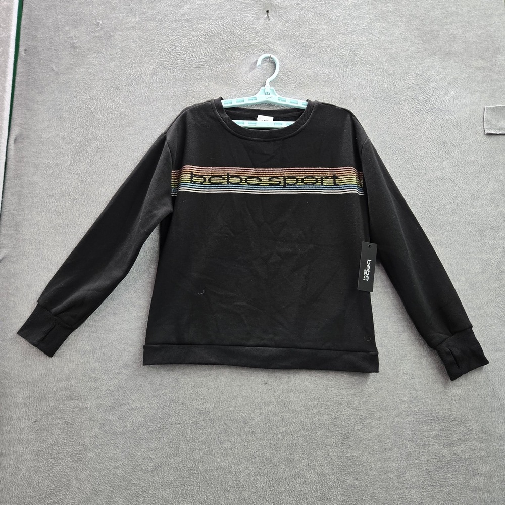 Bebe Sport Women Sweatshirt L Black Striped Logo Stripe Glitter Long Sleeve NWT